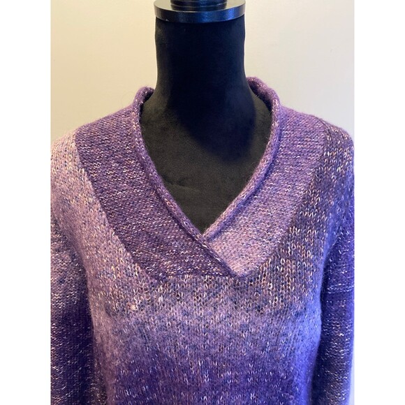 Coldwater Creek Purple Sweater Sz Large 25% Wool V Neck Variegated Fuzzy Striped - Picture 4 of 12